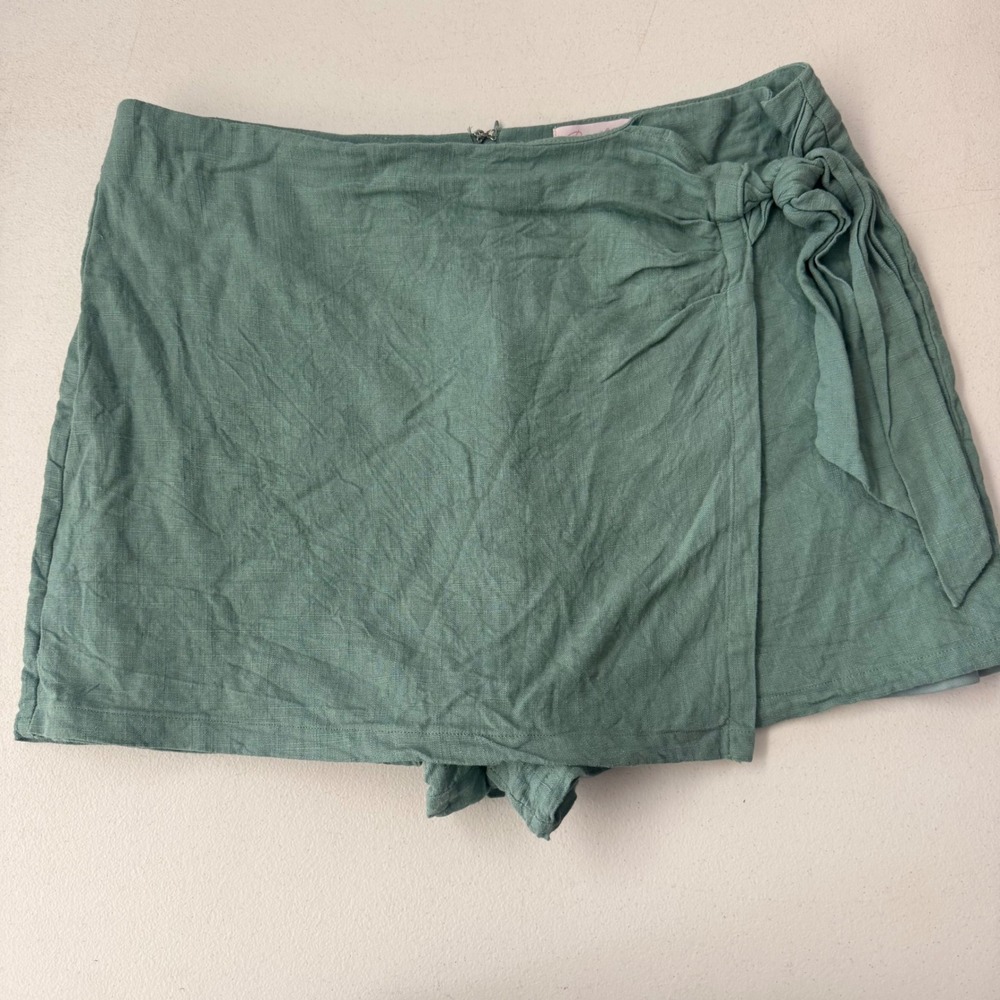 Womens XL Skort Linen Sage Green Wrap Front Tie Preppy‎ Spring Western Summer